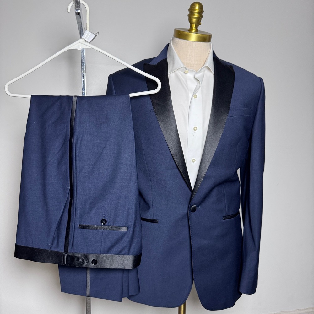Express Tuxedo Suit Mens 38L 31W Navy Blue Solid Performance Stretch Peak Lapel
